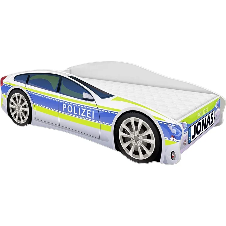 ACMA Kinderbett Auto-Bett Polizei mit Rausfallschutz, Lattenrost und Matratze (Polizei 1, 160x80 cm + Name) – Bild 1