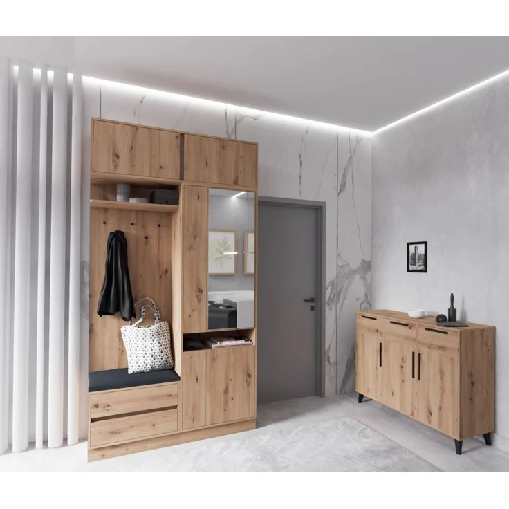 Marmex Möbel Arti N Hoher Garderobenschrank mit Erweiterung, Multifunktionale Flurgarderobe mit Spiegel, Sitzplatz und Zwei Schubladen, laminierte Spanplatte, artisan Eiche, 120x230x41 cm – Bild 2