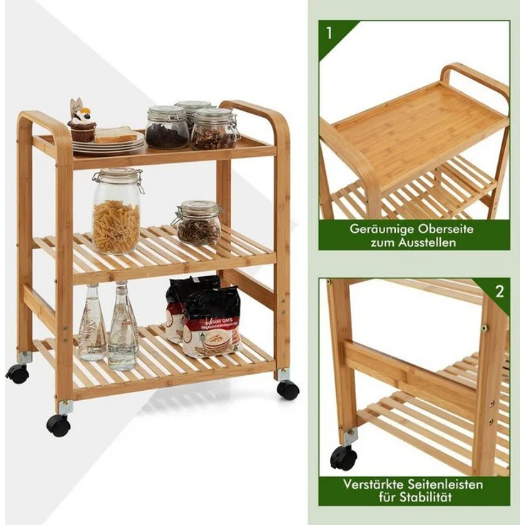 COSTWAY Servierwagen mit 3 Ablagen, Griffen & abnehmbarem Rollen, Küchenwagen Bambus auf Rädern, Mobiler Allzweckwagen Rollwagen Lagerregal für Küche, Flur & Bad, 58 x 33 x 76 cm – Bild 4