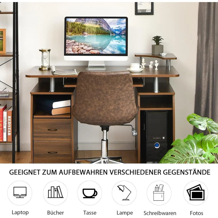 COSTWAY Computertisch Schreibtisch Buerotisch Arbeitstisch PC-Tisch mit Tastaturauszug Druckerablage Schubladen Walnuss – Bild 7