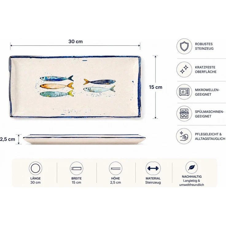 WestCraft Speiseteller Teller, mediterran mit Sardinen-Motiv, Maritime Servierplatte 30×15cm, (4 St), 4er Set, hochwertig und robust - langlebig und vielseitig einsetzbar – Bild 3