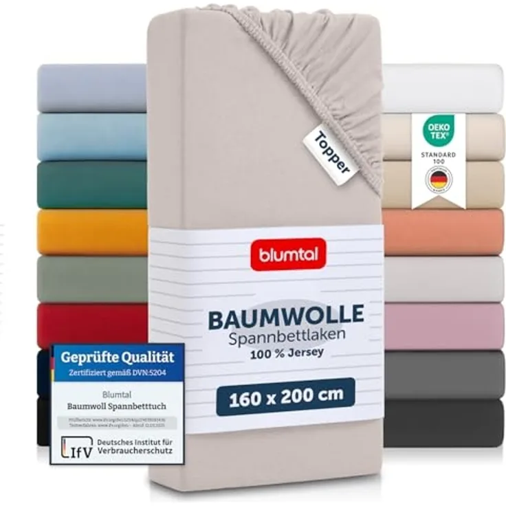 Blumtal® Spannbettlaken für Topper 160x200 cm Basics Jersey - Bettlaken 160x200 cm aus 100% Baumwolle - Oeko-TEX zertifiziertes Spannbetttuch 160x200 cm - Topper Spannbettlaken 160x200 cm - Elfenbein