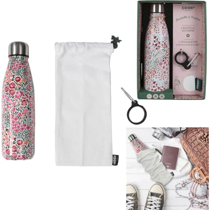 COOK CONCEPT - Ka4650 - Isolierflasche im Blumendesign - mit abnehmbarem Karabiner - Edelstahl - Warm/Kalt - Maße: 6,5 x 6,5 x 25,2 cm - Takeaway-Küche – Bild 5