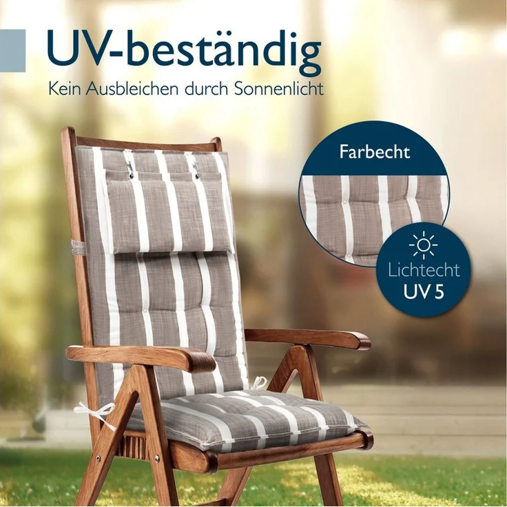 Beautissu Hochlehnerauflage 4er Set Sun-HL Hochlehner Auflage 120x50x8cm Beige-Weiß-Gestreift, Mit Kopfpolster, rutschfest & robust – Befestigungsbänder, UV 5 – Bild 4