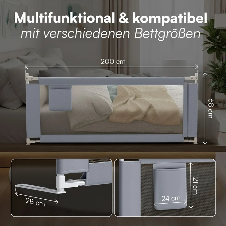 Bellabino 'Drina' Bettschutzgitter mit 2 Sicherheitsgurten, Rausfallschutz klappbar & höhenverstellbar, aus Oxford-Stoff & Metall, 200 cm, hellgrau – Bild 8