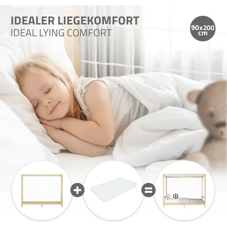 ML-DESIGN Spielbett Fußballtor Einzelbett für Kinder Holzbett mit Lattenrost & Tornetz, Handballtor Abenteuerbett 90x200cm Natur Kinderbett Holzbettgestell – Bild 2