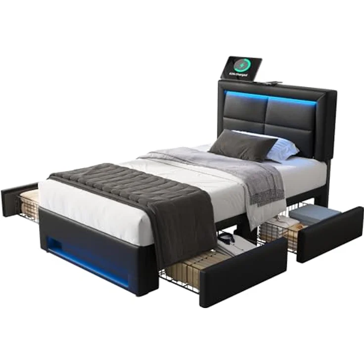 Ball & Cast Jugendbett (90x190 cm) mit 4 Schubladen, Stauraumbett mit Beleuchtung, USB und kabelloser Ladestation, Polsterbett Einzelbett ohne Matratze, Schwarz – Bild 10