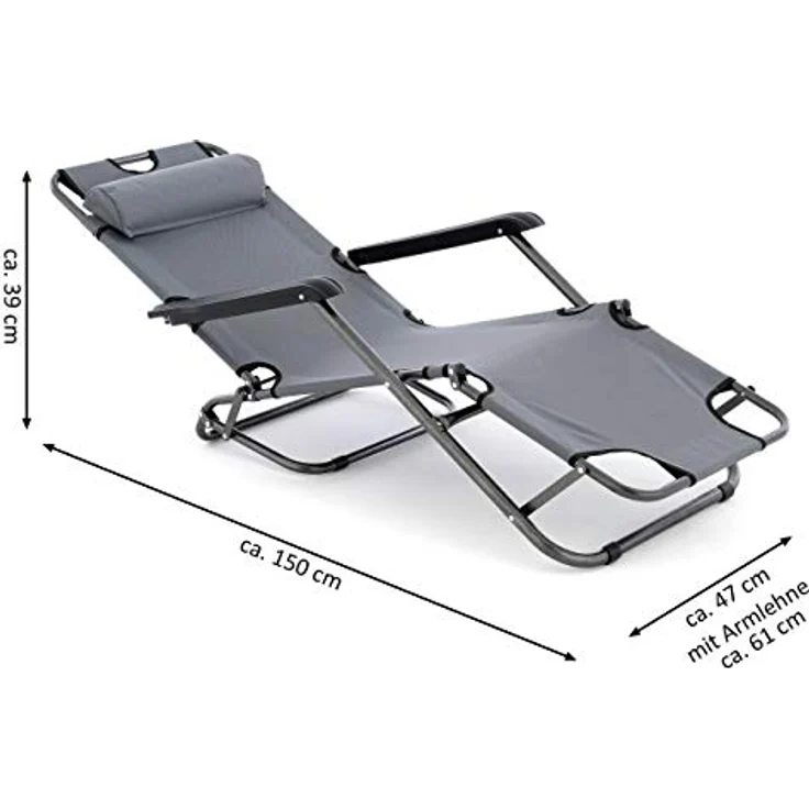 Nexos Liegestuhl Campingstuhl mit Liegefunktion Sonnenliege mit Kopfpolster Strandliege klappbar für Camping Freizeit Garten Strand grau Tragfähigkeit bis 100kg (Grau) – Bild 3