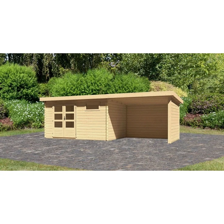 Gartenhaus Bastrup 8 - 670x297 cm mit Anbaudach 3,00 m mit Seiten- und Rückwand, 28 mm Holz naturbelassen, Karibu – Bild 1