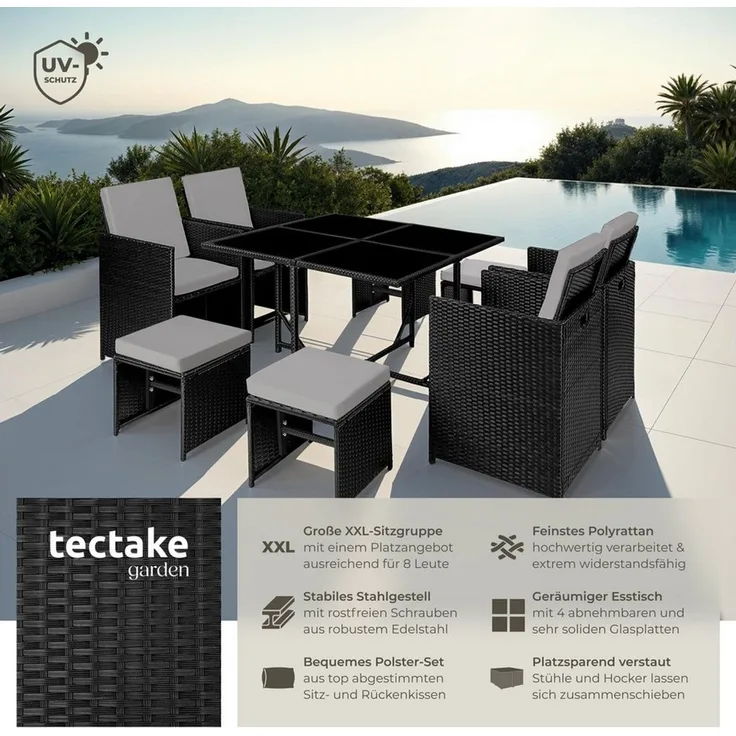 tectake Sitzgruppe Rattan Sitzgruppe, (Set, 9-tlg), für 4 bis 8 Personen