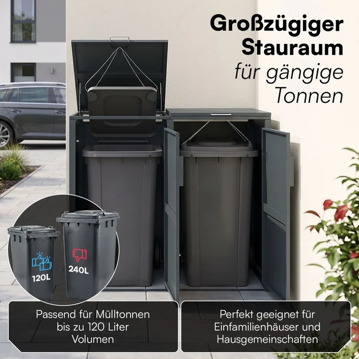 STEELSØN 'Thoria' Mülltonnenbox 2er je 120 Liter, anthrazit, Mülltonnenverkleidung aus Stahl, wetterfest, 102x62x117 cm, Müllbox für 2 Tonnen – Bild 2