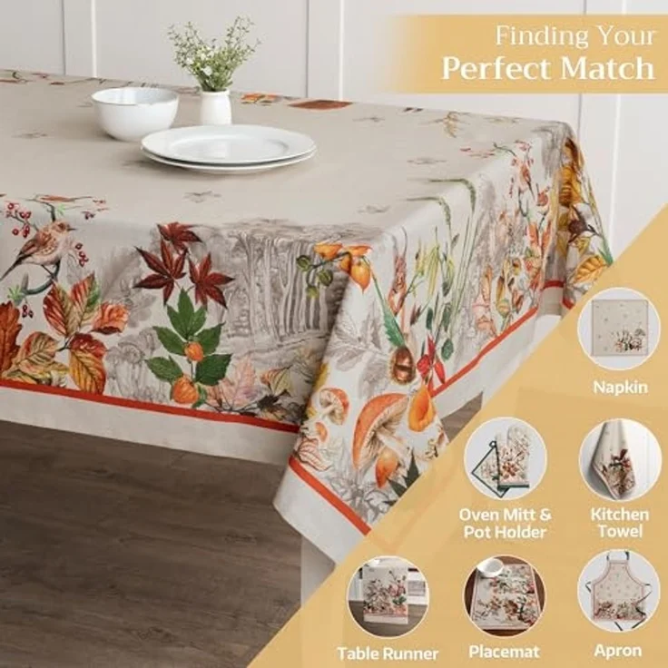 Maison d' Hermine Tischdecke, quadratisch, 152 x 152 cm, 100% Baumwolle, wiederverwendbar, dekorativ, für den Alltag, Esszimmer, Bauernhaus, Zuhause, Party, Feste und Hochzeit, Recolte – Bild 6