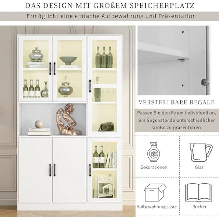 Ball & Cast Standvitrine mit Beleuchtung und Einlegeböden - Vitrine für Wohnzimmer, Schlafzimmer & Büro, Weiß – Bild 6