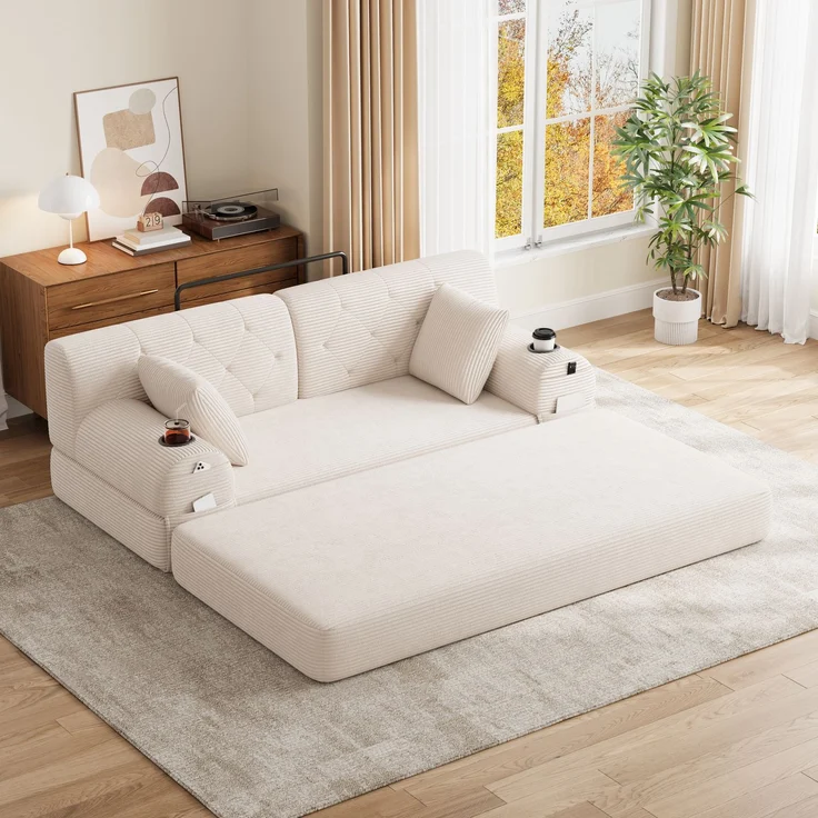 TavilaEcon 2-Sitzer Schlafsofa, komprimiertes Cord Sofa mit hoher Rückenlehne beige 81 × 80 × 168 cm (H × T × B) – Bild 10