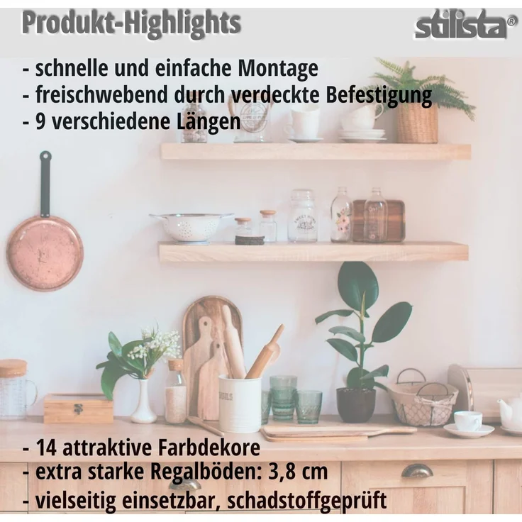 STILISTA® Wandregal Volato, freischwebend, Stärke 3,8cm, schadstoffgeprüft, Holzdekor-hell Rustikal, 110 cm – Bild 8