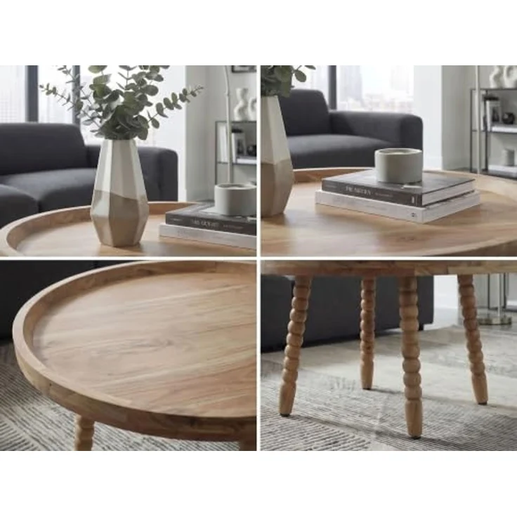 FINEBUY Couchtisch FB117841 Massivholz 60cm Sofatisch Beistelltisch Kaffeetisch Tisch (Traditioneller Wohnzimmertisch aus Akazienholz), Runder Kaffeetisch mit dekorativen Beinen – Bild 5