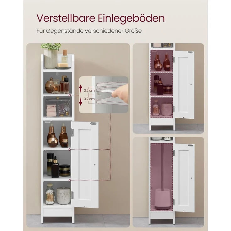 VASAGLE Badezimmerschrank klein, Badschrank schmal, stehend, mit Tür und Regal, kleiner Schrank für Toilettenpapier, Toilettenschrank, verstellbare Ablagen, 20 x 18 x 92 cm，wolkenweiß – Bild 5