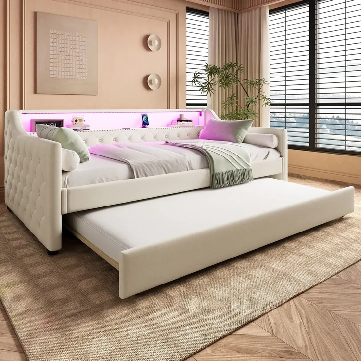 Polsterbett 90×200 cm aus Leinen-Stoff mit LED-Beleuchtung, USB-Anschluss und Ausziehbett, beige