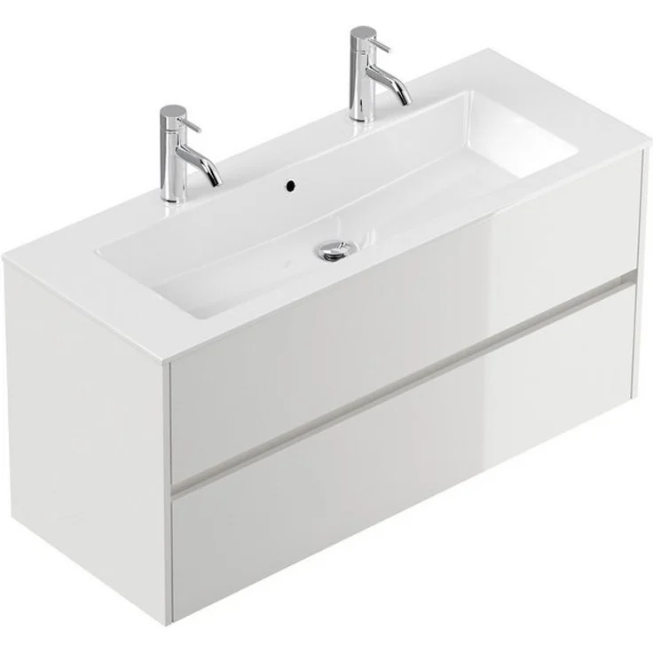 Posseik Badmöbel-Set Badmöbel Doppel-Waschtisch 2 Hahn Limes 120 cm weiß Hochglanz – Bild 4
