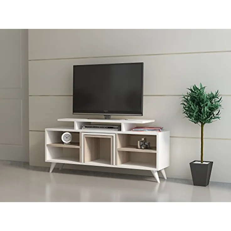 Hanah Home Modern TV Unit with Wall-Mount Option, White & Cordoba, 120 cm | 100% Melamine Coated, 18 mm Thick | Includes 2 Stylish Coffee Tables & Multiple Shelves