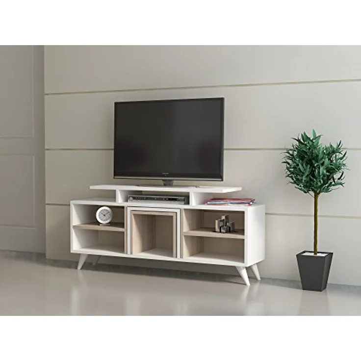 Hanah Home Modern TV Unit with Wall-Mount Option, White & Cordoba, 120 cm | 100% Melamine Coated, 18 mm Thick | Includes 2 Stylish Coffee Tables & Multiple Shelves – Bild 1