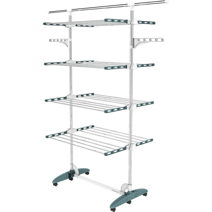 Todeco Wäscheständer Turm Klappbar, Wäscheturm 4 Ebenen aus Edelstahlrohre, Turmtrockner mit 6X Rollen, Ausziehbare obere Leiste, Flügel, Mobiler Turmwäscheständer für Wäscheraum Badezimmer, Blaugrün – Bild 1