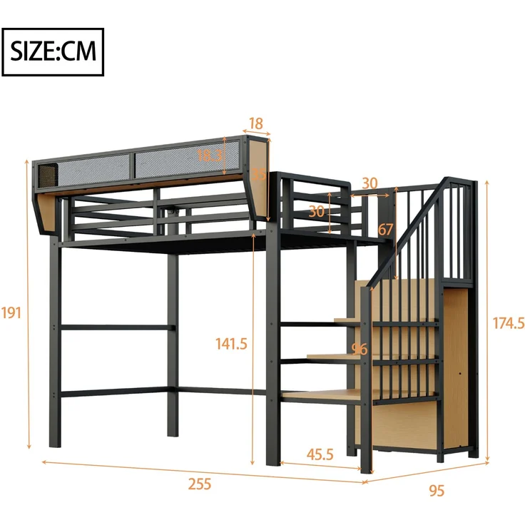 EINHOM Hochbett 90 x 200 cm mit Sicherheitsleiter und Flexiblem Staufach, Metallbett Erwachsenenbett Kinder-Etagenbett Schwarz (Ohne Matratze) – Bild 2