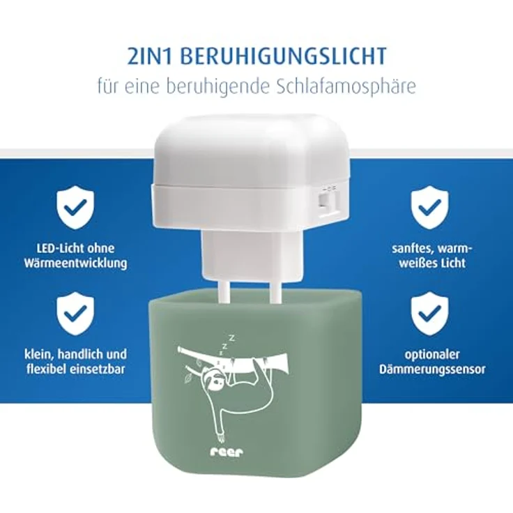 Reer SleepLight 2in1 Steckdosen-Nachtlicht mit Dämmerungssensor, energiesparende LED-Technologie, akkubetrieben, Eukalyptus – Bild 3