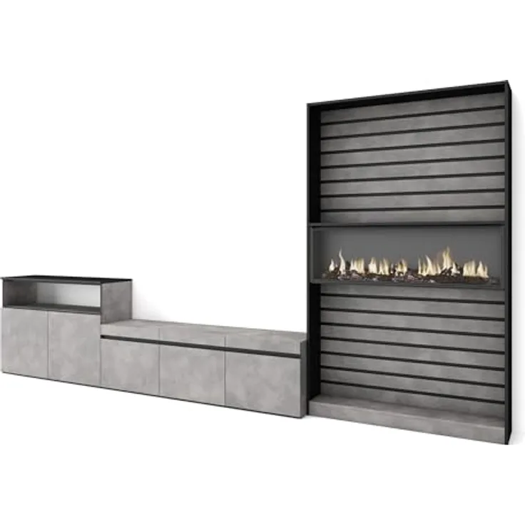 Skraut Home | Wohnwand Wohnzimmer | Wohnzimmermöbel, Möbelset | 360x186x35cm | Für TV-Geräte bis zu 65" | Elektrokamin | Moderner Stil | Zement