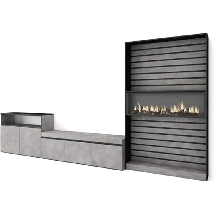 Skraut Home | Wohnwand Wohnzimmer | Wohnzimmermöbel, Möbelset | 360x186x35cm | Für TV-Geräte bis zu 65" | Elektrokamin | Moderner Stil | Zement – Bild 1