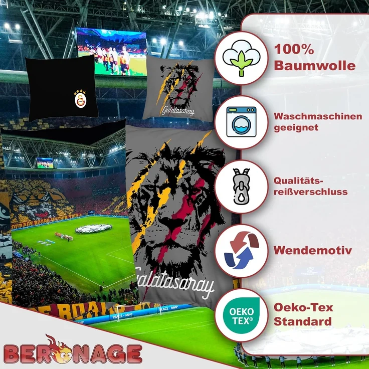 BERONAGE Wendebettwäsche Galatasaray Istanbul Fußball RAMS-Park Bettwäsche Linon / Renforcé, Baumwolle, 2 teilig, Süper Lig Bettwäsche – Bild 3