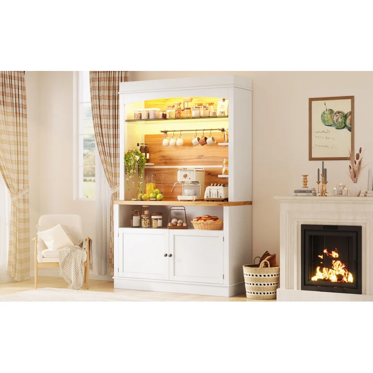 Set mit 2 Hochschränken mit LED-Beleuchtung, 184cm hoher Buffetschrank mit Glasregal & Hakenleiste, Weiß, belastbar bis 60kg--Weiß--107x34x184cm--YOUDENOVA – Bild 6