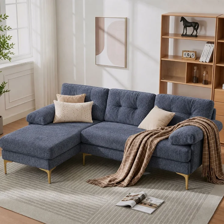 EINHOM 187, 5 cm L-förmiges Sofa, dreisitzig mit 3 Sitzkissen, austauschbare Liegeseite links/rechts, gepolsterte Armlehnen, Chenille-Stoff, Metallfüße, blau