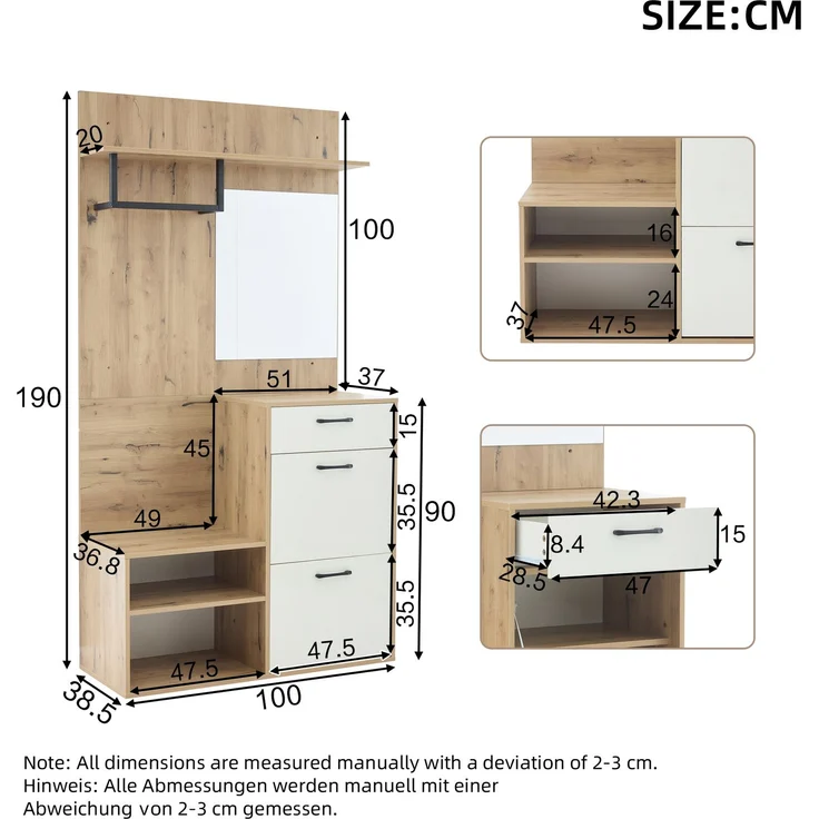 Faumrta 100*38.5*190cm Garderoben-Set mit Spiegel, Schuhbank, Schuhschrank, Flurschrank, Hängeschrankregal, Kompaktgarderobe, Mit 1 Schublade und 2 Schränken, viel Stauraum, Weiß + Original Holzfarbe100CM*38.5CM*190CMNaturalSpanplatte – Bild 8