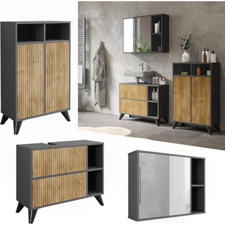 Vichy Badmöbel-Set Leano, Waschbeckenunterschrank und Spiegelschrank, Anthrazit/Bergeiche, 80 cm, Set 2 – Bild 2