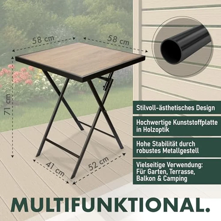 BRUBAKER Gartentisch Bergamo - 58 x 58 cm Balkontisch mit Holz Optik - Wetterfest (1-St, Klapptisch für Balkon, Terrasse - Bistrotisch), Metall Beistelltisch klappbar - Campingtisch eckig – Bild 7