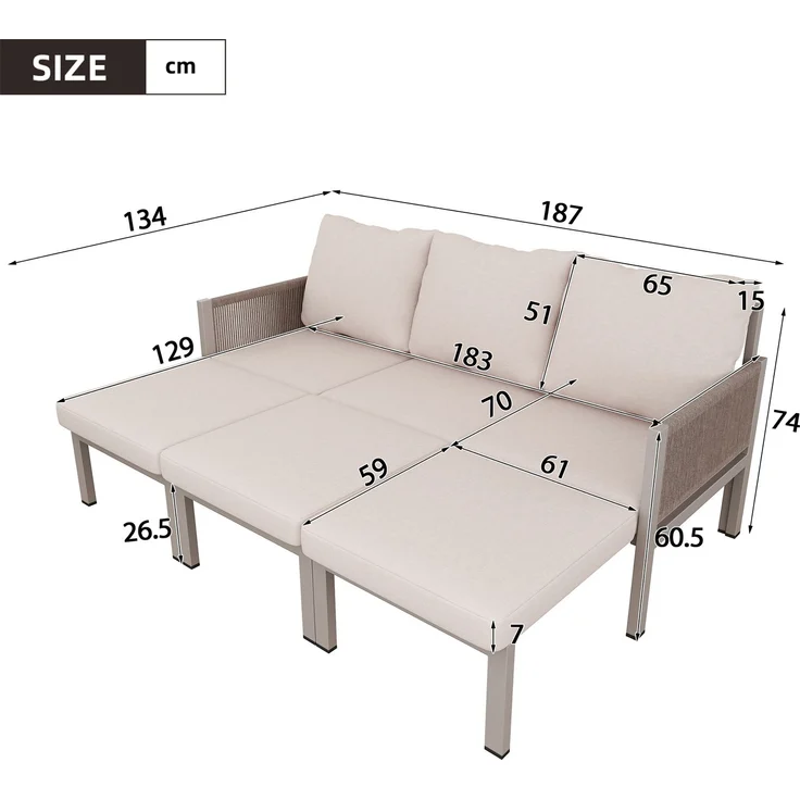 Merax Gartenmöbel-Set, Outdoorsofa, 3-Sitzer-Sofa, Multifunktionales Sofa, lässt sich in einen Liegesessel verwandeln, verzinktes Eisen, Khaki – Bild 4