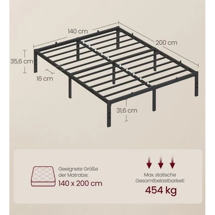 VASAGLE Doppelbettgestell, Bett, 140 x 200 cm, Metallbett, Bettrahmen, Unterbettaufbewahrung, modern, Gästebett, einfacher Aufbau, tintenschwarz RMBDE134B01 – Bild 2
