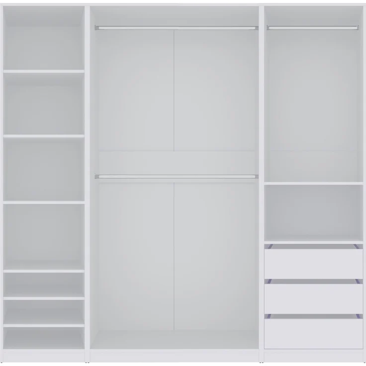 Marmex Möbel TRES SET J(B) Kleiderschranksystem, offener Kleiderschrank mit Kleiderbügeln, Regalen, Schubladen, multifunktionales Kleiderschrankset für Schlafzimmer, laminierte Spanplatte, weiß, 210x206x51 cm – Bild 6