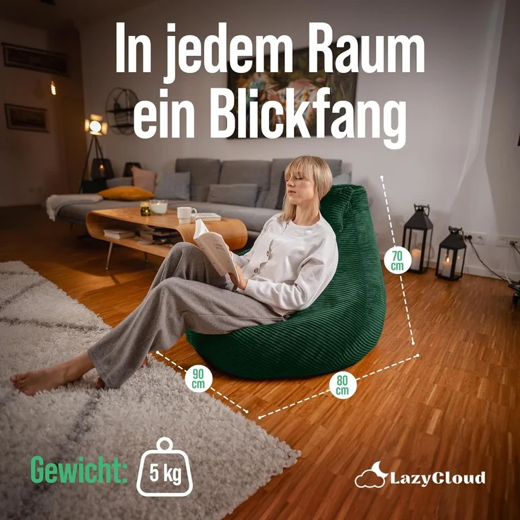 LazyCloud Sitzsack für Erwachsene mit integrierter [Nackenstütze] Cord | XXL Indoor Bean Bag mit Füllung | perfekt als Chill-, Lese- oder Gaming Sessel (90 x 80 x 70 cm) (Dunkelgrün) – Bild 7