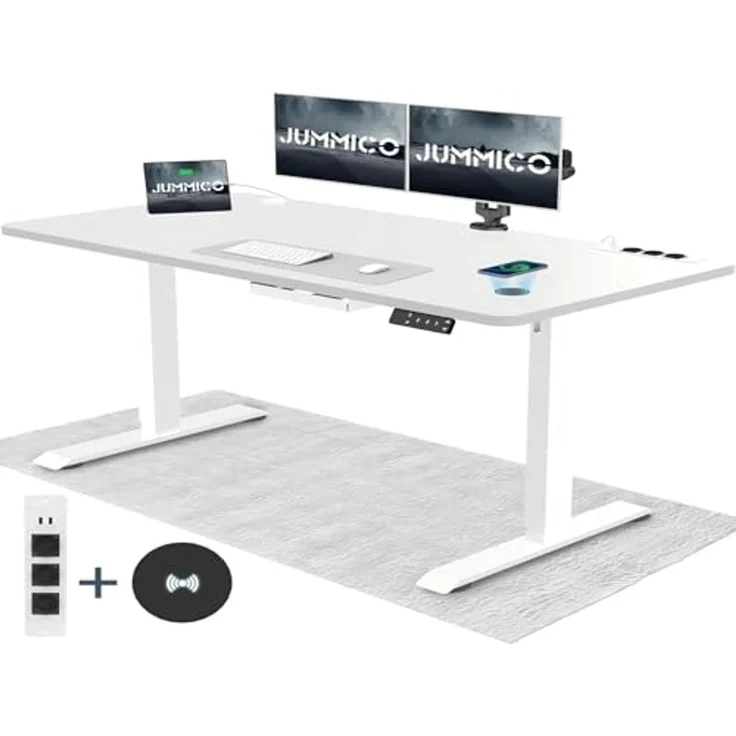 JUMMICO Schreibtisch höhenverstellbar mit kabelloser Ladestation, Euro-Steckdose & USB, Weiß, 180x80 cm – Bild 1