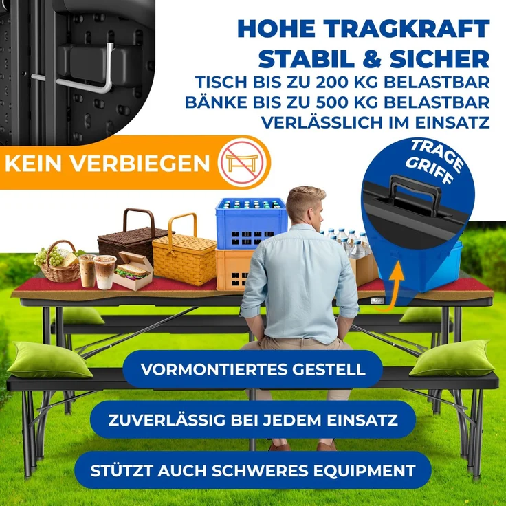 KESSER® Bierzeltgarnitur 3-teilig Set Tisch & 2x Bank | Buffettisch für drinnen & draußen Gartengarnitur klappbar 183x76x74cm Kunststoff Klapptisch Gartentisch inkl. Abdeckung & Tragegriffe Schwarz, Glatt – Bild 5