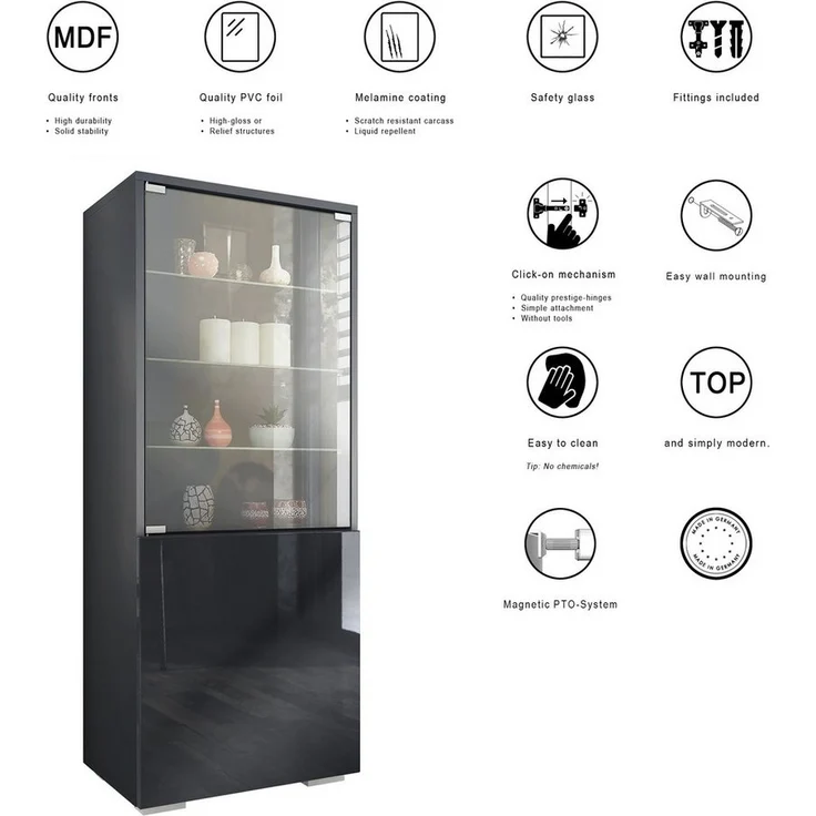 Vladon Standvitrine Granada (Vitrinenschrank, mit Glastür und Glaseinsatz) Anthrazit matt/Schwarz matt (50 x 122,5 x 34,5 cm) – Bild 1