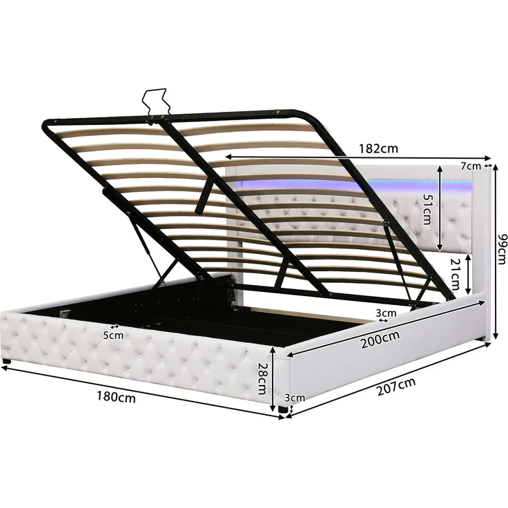 Polsterbett in Weiß 207*182*99cm , mit LED Beleuchtung und Bettkasten, modernes Bettgestell – Bild 8