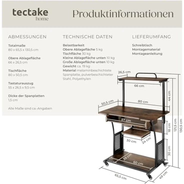 tectake Schreibtisch Fife (1-St, 1 tlg), Funktionaler Schreibtisch im kontrastreichen Industrial Style – Bild 3