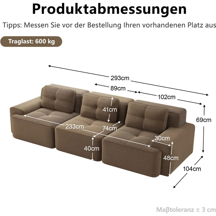 EINHOM Cloud Modulsofa Boneless Sofa, Modulares Ecksofa, Überdimensionales Modulares Cloud-Sofa, Bequeme Corduroy-Cloud-SofaSofas, 3-Sitzer Tiefsitz Sofa für Wohnzimmer, Montagefreies Sofa, braun – Bild 2