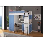 Domando Hochbett Tramin Modern Breite 206cm, mit integrierten Schränken, Schreibtisch, Regal und Spiegel in Weiß Matt und Himmelblau