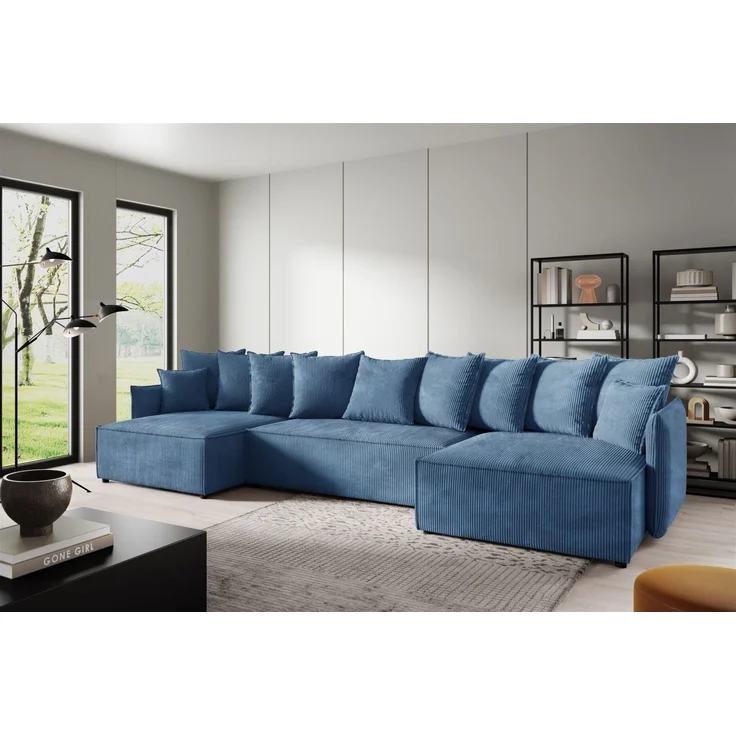 Wohnlandschaft mit Schlaffunktion MINEA Sofa U-Form in Stoff Poso Blau – Bild 1