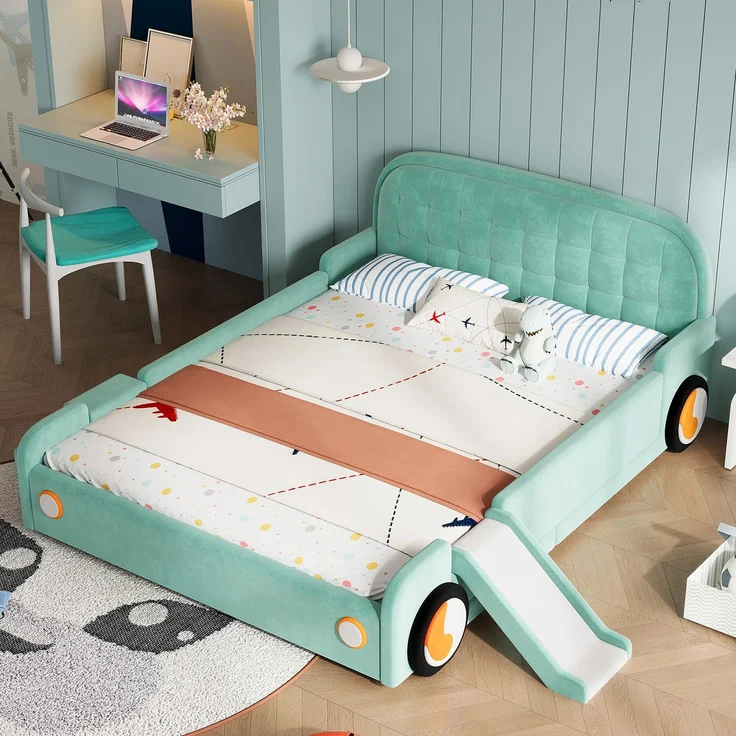 Kinderbett, Autobett mit Rutsche und Treppe, links/rechts montierbar, weiches Polsterbett in Blaugrün, Spielbett mit Fallschutz für Kinderzimmer, 140x200 cm – Bild 2