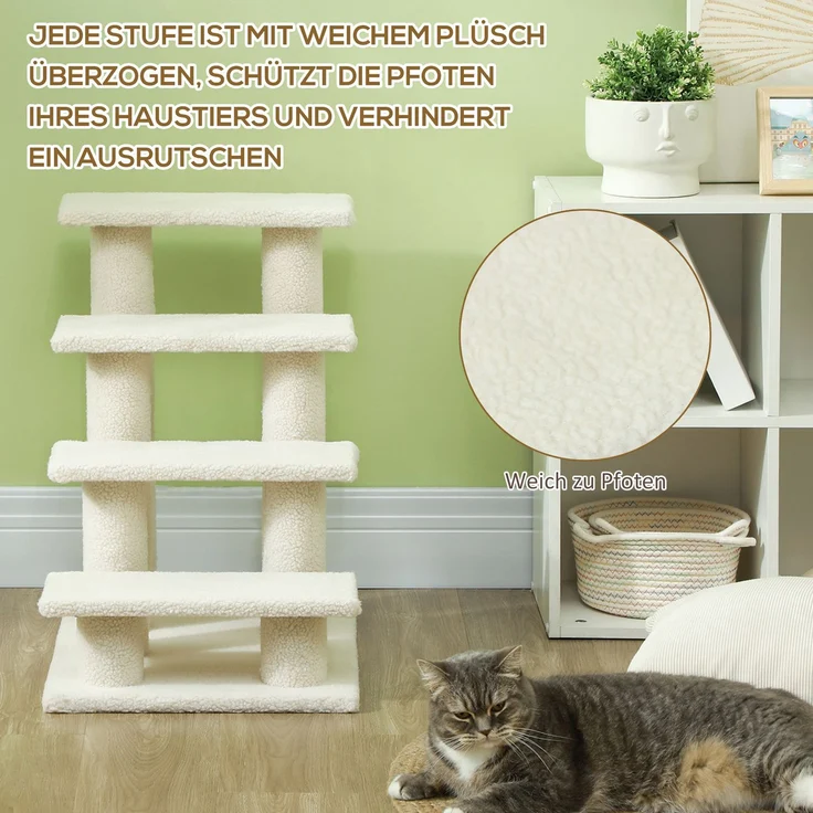 JARDJ Tiertreppe für Hunde und Katzen 4-Stufen Plüsch Beige 63,5x43x60cm ideal für ältere Tiere – Bild 5